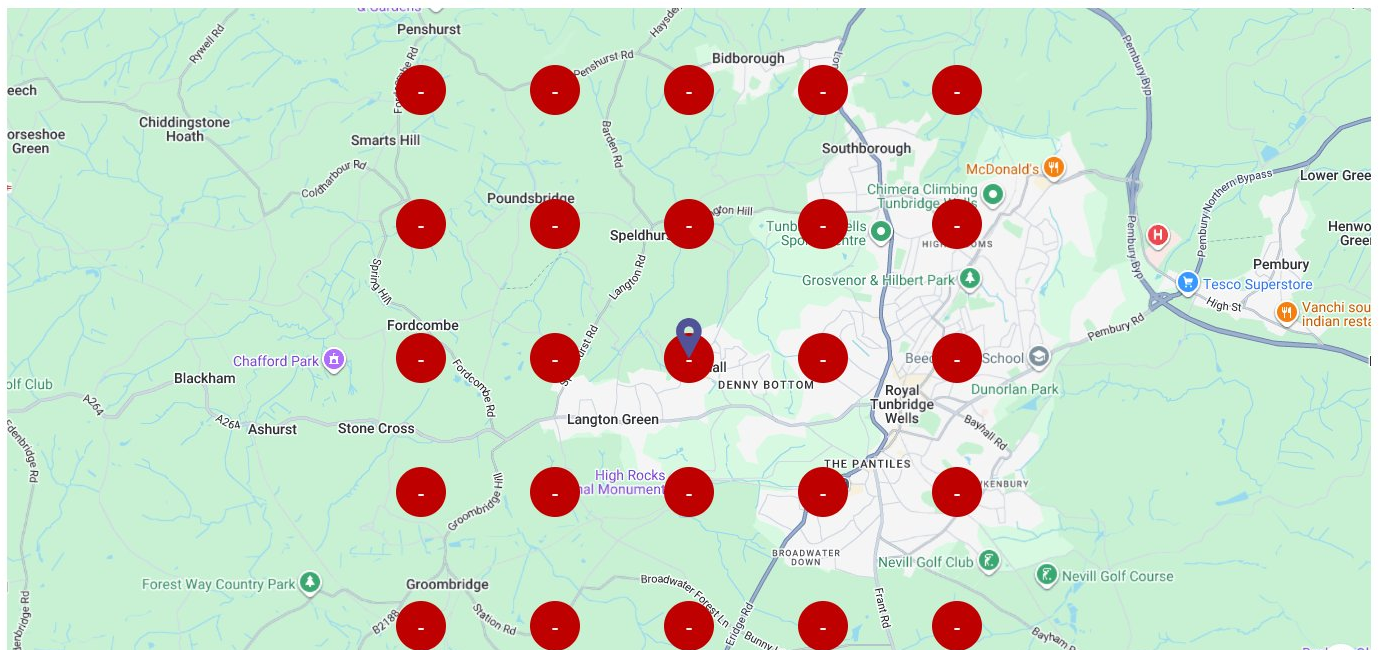 Plumber near me Google Maps geo grid — Tunbridge Wells. Every red pin shows where plumbing businesses are not visible in the Map Pack.